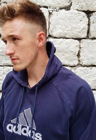 VINTAGE ADIDAS EMBROIDERED HOODY SWEATSHIRT NAVY BLUE MEDIUM