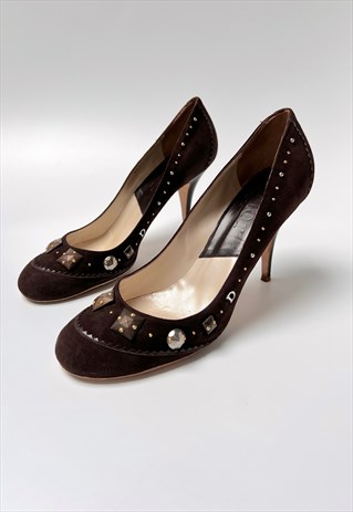Christian Dior Heels Courts Pumps Brown Suede Embellished