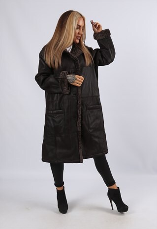 VINTAGE SHEEPSKIN LEATHER SHEARLING COAT MID UK 14 L (J4A)
