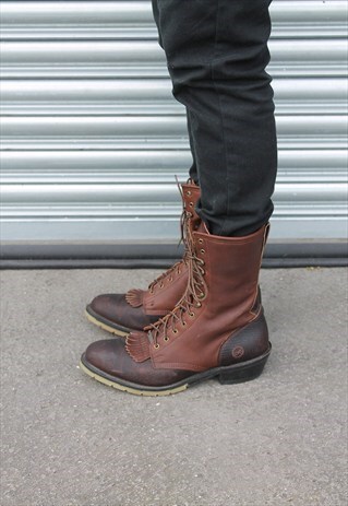 VINTAGE 90S AG7 BROWN LEATHER PACKER BOOTS UK 10.5