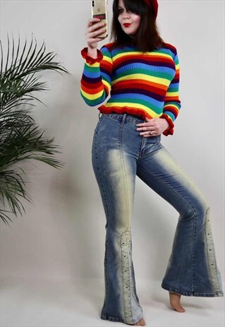 DEADSTOCK VINTAGE 90S Y2K DENIM RIVET PANEL FLARES JEANS 10