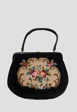 Vintage Ladies 50's Bag Black Tapestry Floral Hand Held