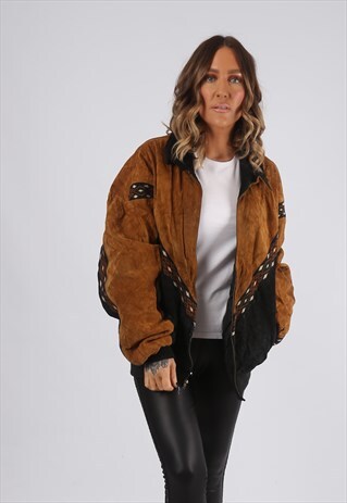 SUEDE LEATHER BOMBER JACKET OVERSIZED PATTERNED 14 - 16 CVDX