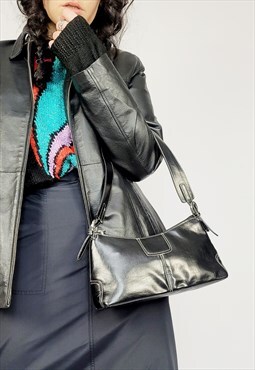 Vintage 00s Y2K black leather baguette shoulder handbag