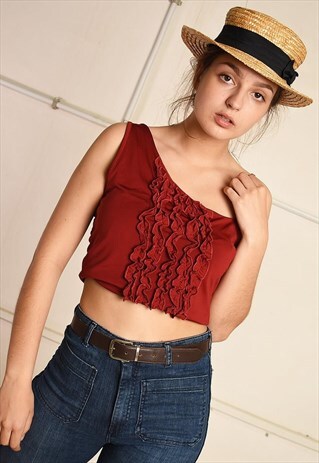 Y2K RETRO BURGUNDY RUFFLE PARIS CHIC OFF-SHOULDER LYCRA TOP