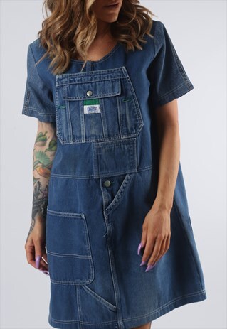 VINTAGE DENIM DRESS BICH REWORKED DUNGAREES UK 10 - 12 (DDI)
