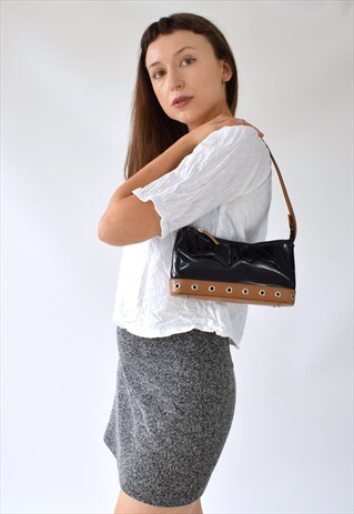 VINTAGE Y2K BLACK BROWN PATENT EYELET MINI SHOULDER BAG