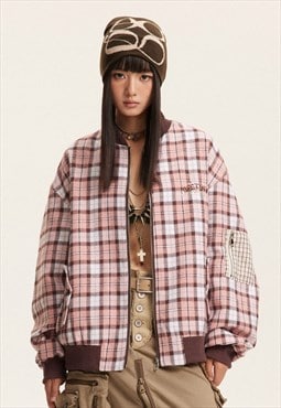 Checked varsity jacket plaid MA-1 retro college bomber pink