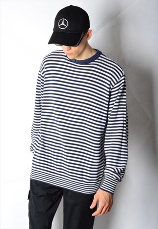 VINTAGE 90S FADED NAVY BLUE WHITE STRIPED JUMPER