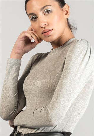 LONG SLEEVE HIGH NECK METALLIC TOP- SILVER