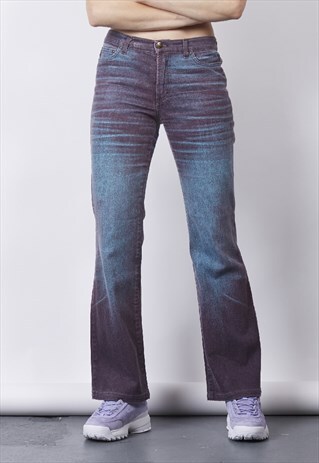 VINTAGE Y2K CAVALLI PURPLE/BLUE DISTRESS PRINT FLARED JEANS