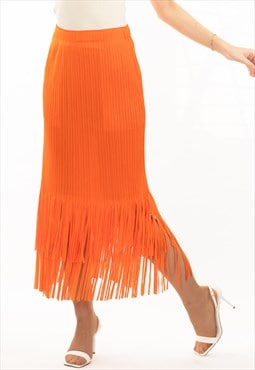 Pleated Midi Skirt with multi fringed tassel hem design 