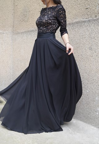 BLACK SKIRT CHIFFON MAXI CASUAL FULL LENGTH SKIRT F1579