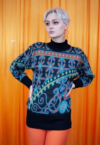 VINTAGE 80S JUMPER BLACK BLUE ORANGE FLORAL TURTLENECK