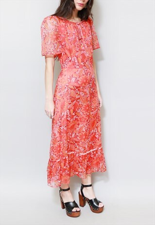 VINTAGE 1970'S RED & ORANGE FOLK PAISLEY MIDI DRESS