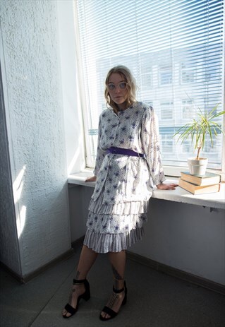 VTG 60S WHITE/PURPLE FLORAL PRINT SKIRT&JACKET CO-ORDINATE