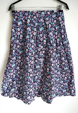 Vintage Purple Skirts Midi Blue High waist Floral Flowers