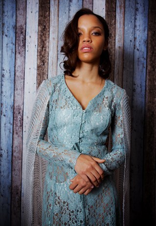 CAUCASICA-LEAF- BABY BLUE LONG LACE DRESS