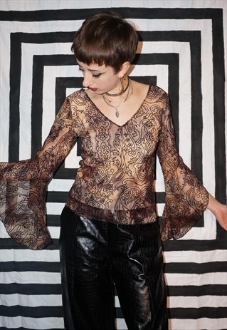 VINTAGE 90'S PAISLEY BELL SLEEVE V NECK TOP