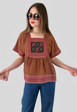 70's Vintage Short Sleeve Brown Hippy Smock Top Blouse