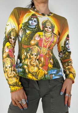 Vintage 90s Graphic Top Long Sleeve Ganisha Shiva Y2k Boho