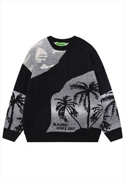 Tropical print sweater palm tree knitted jumper raver top