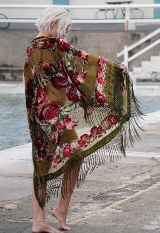 BURNOUT VELVET FESTIVAL KIMONO JACKET WITH FRINGING