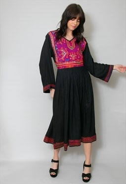70's Black Long Sleeve Sequin Embroidery Folk Midi Dress