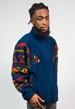 VINTAGE AZTEC PATTERN QUARTER ZIP FLEECE