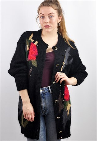 VINTAGE BLACK PATTERNED EMBELLISHED MOHAIR CARDIGAN