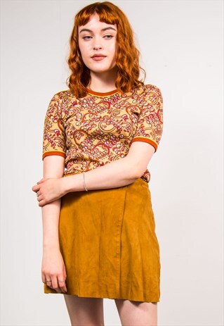 VINTAGE 70'S BROWN RETRO PATTERN SHORT SLEEVE T-SHIRT