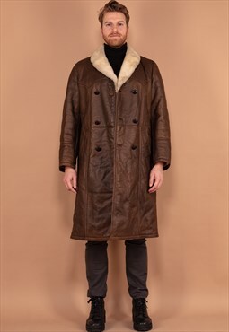 Vintage 70's Men Sheepskin Leather Coat in Brown