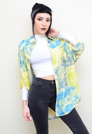 VINTAGE 90'S YELLOW&BLUE ABSTRACT PATTERNED OVERSIZED SHIRT