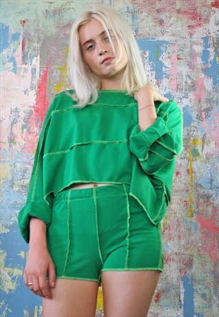 PATCHWORK 80S TOP N SHORTS CO-ORD IN EMERALD GREEN