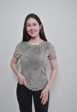 Y2k leopard blouse, vintage pullover polyester shirt 