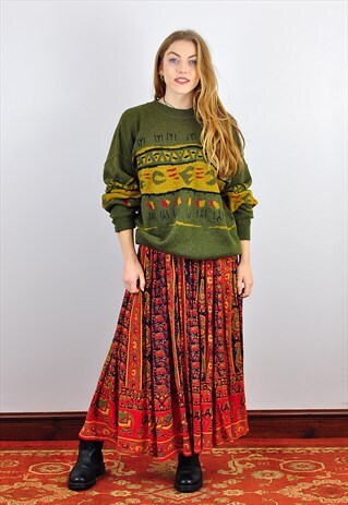 VINTAGE AUTUMNAL PRINT MIDI BOHO HIPPY SKIRT