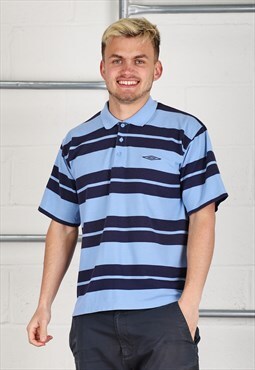 Vintage Umbro Polo Shirt in Blue Stripe Short Sleeve Large
