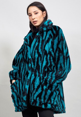 VINTAGE SUPER OVERSIZED BATWING ZEBRA PRINT FAUX FUR COAT