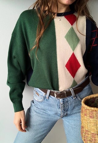 VINTAGE 80S ARGYLE CHRISTMAS KNIT OVERSIZED JUMPER SWEATER
