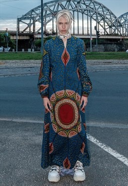 90's Vintage psychedelic maxi dress in azure and brown tones