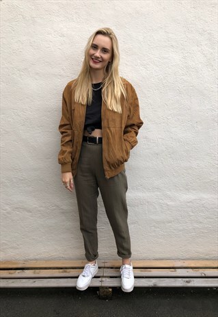 VINTAGE 90S TAN BROWN REAL SUEDE LEATHER BOMBER JACKET
