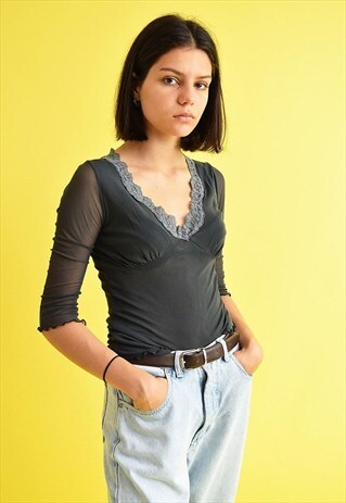 90'S RETRO KITSCH MESH GRUNGE SHEER BLOUSE TOP