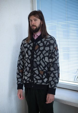 VINTAGE 90'S BLACK/GREY PATTERNED KNITTED CARDIGAN