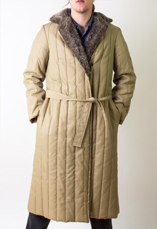 VINTAGE BELTED COAT WITH FAUX FUR TRIM
