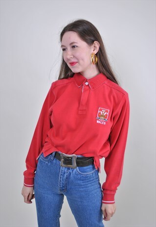 VINTAGE RED WALES RUGBY JERSEY, 90S SPORT LONG SLEEVE POLO
