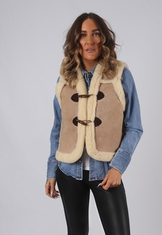 VINTAGE SUEDE SHEEPSKIN GILET JACKET BEIGE UK 10 (HLAA)