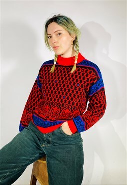 Vintage Size S Chunky Knitted Patterned Jumper in Multi