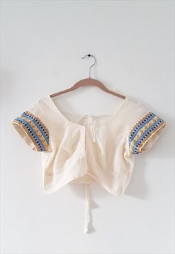 Vintage Embroidered Lightweight Beige Sari Crop Top, SZ XXS