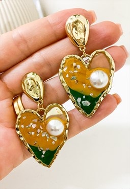 Gold Resin Pearl Detail Heart Drop Earrings