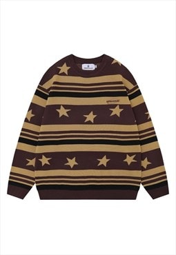 70s stripe sweater star print knit jumper skater top brown